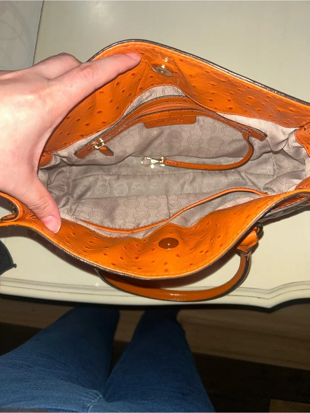 Michael Kors Orange Textured Leather Satchel with Gold-Tone Lock
